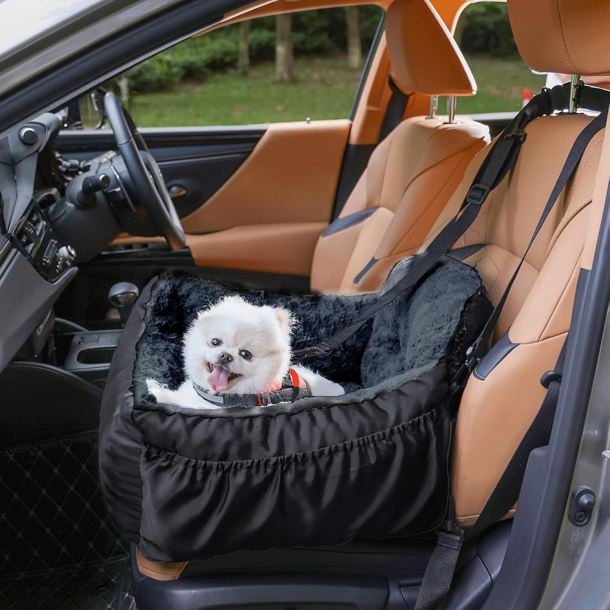 Dog Car Seat for Small Dogs, Washable Pet Booster Car Seats with Clip-On Safty Leash, Comfy Deluxe Plush Carseat with Storage Pockets, Puppy Travel Carrier Bed for Dogs Under 25 lbs