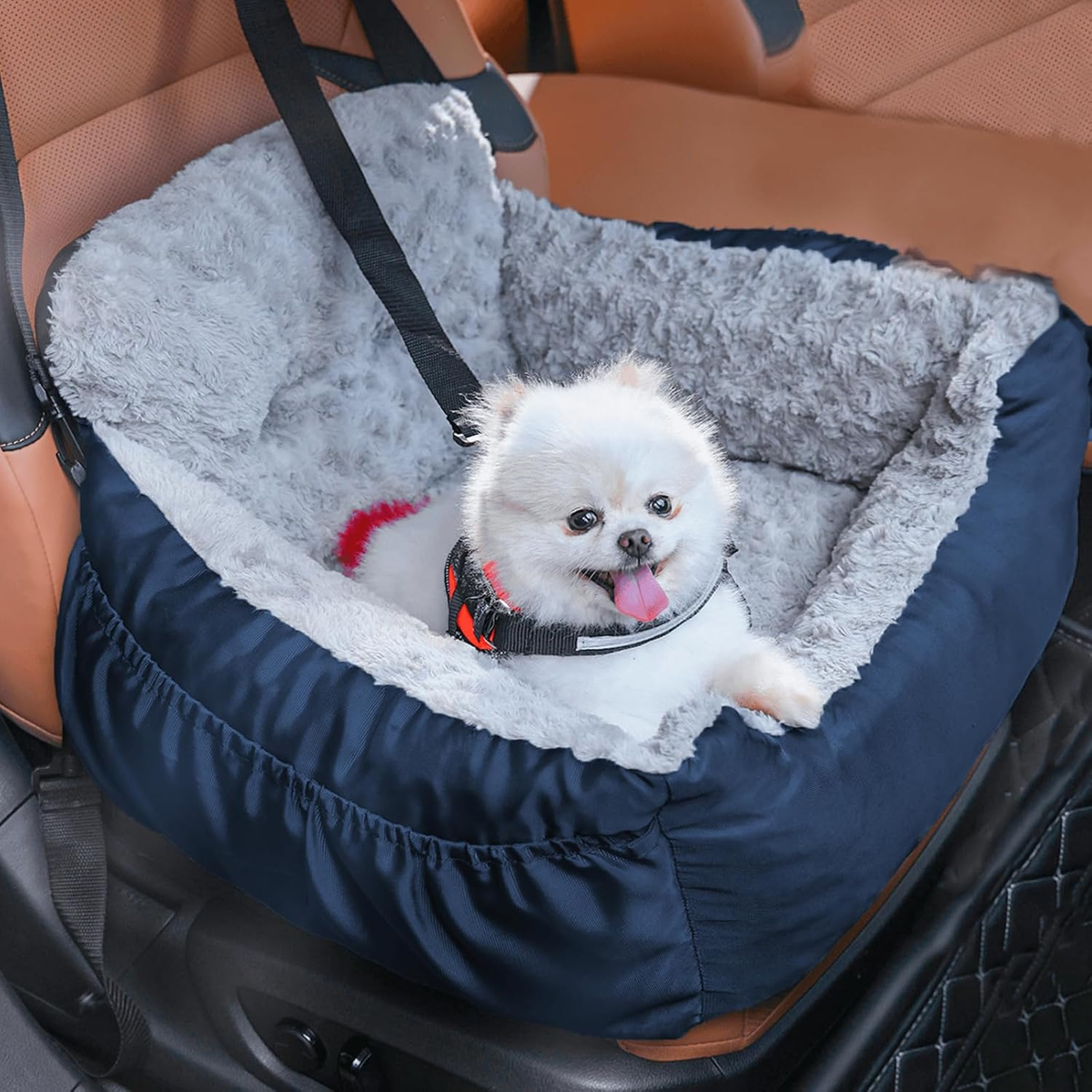 Dog Car Seat for Small Dogs, Washable Pet Booster Car Seats with Clip-On Safty Leash, Comfy Deluxe Plush Carseat with Storage Pockets, Puppy Travel Carrier Bed for Dogs Under 25 lbs