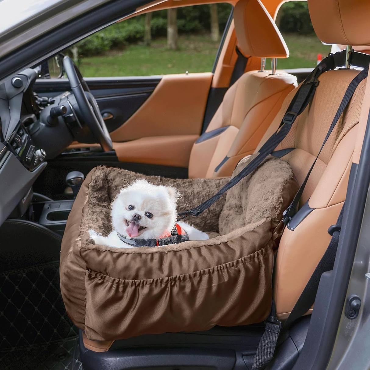 Dog Car Seat for Small Dogs, Washable Pet Booster Car Seats with Clip-On Safty Leash, Comfy Deluxe Plush Carseat with Storage Pockets, Puppy Travel Carrier Bed for Dogs Under 25 lbs