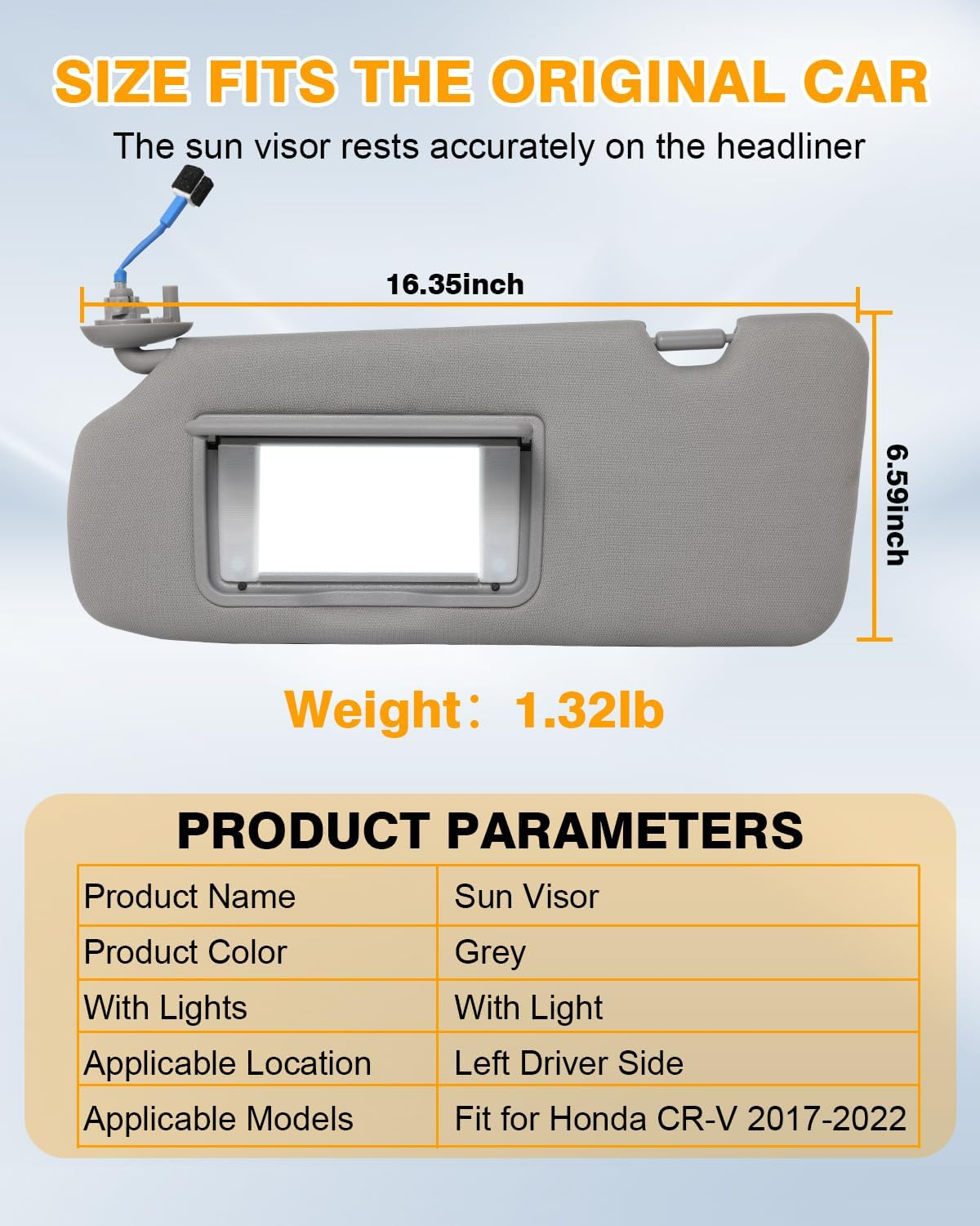 Driver Side Sun Visor Fits for Honda CRV 2017 2020 2021 2022 Replace 83280-TLY-H11ZB Car Sun Visor Replacement with Vanity Light/with Makeup Mirror