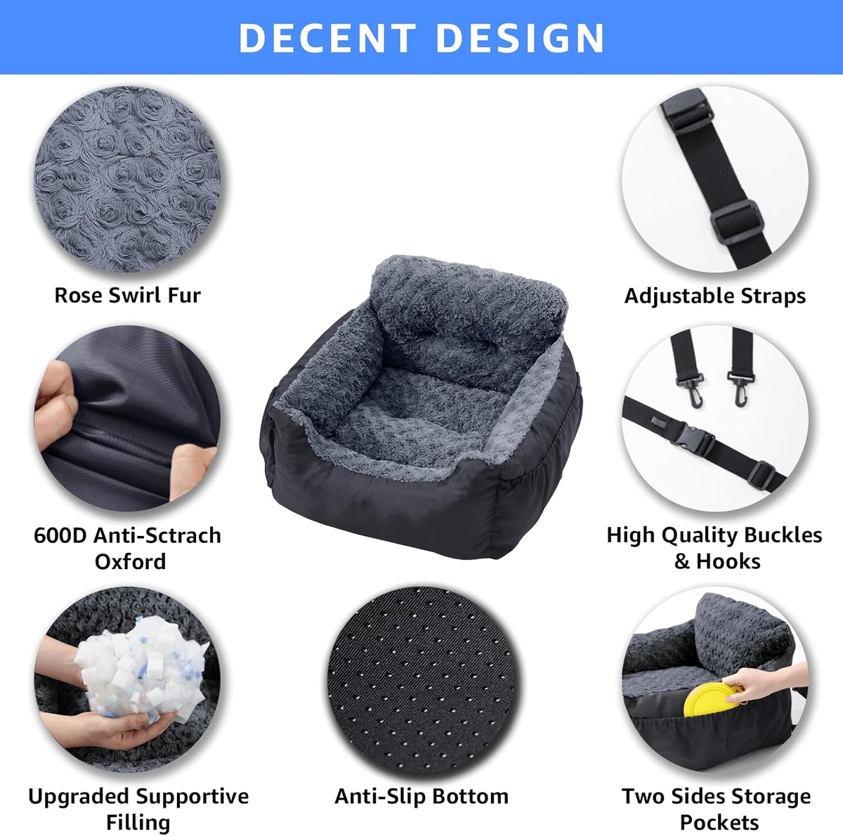 Dog Car Seat for Small Dogs, Washable Pet Booster Car Seats with Clip-On Safty Leash, Comfy Deluxe Plush Carseat with Storage Pockets, Puppy Travel Carrier Bed for Dogs Under 25 lbs