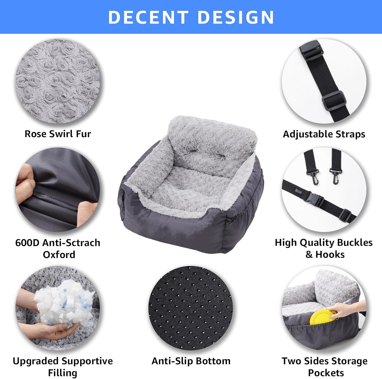 Dog Car Seat for Small Dogs, Washable Pet Booster Car Seats with Clip-On Safty Leash, Comfy Deluxe Plush Carseat with Storage Pockets, Puppy Travel Carrier Bed for Dogs Under 25 lbs