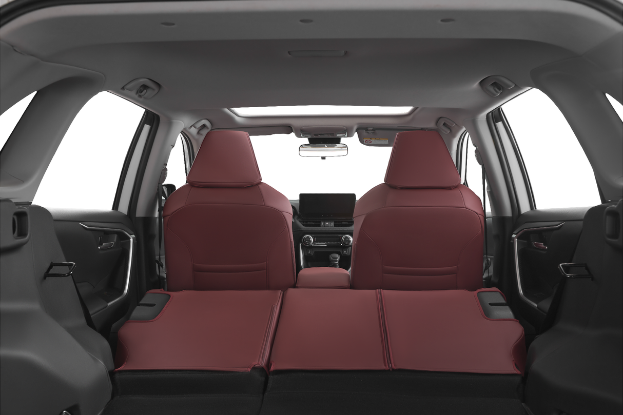 Toyota RAV4 custom leather seat covers in red interior design