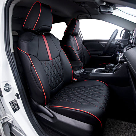 Black leather seat covers for Toyota RAV4 with red stitching custom fit car interior