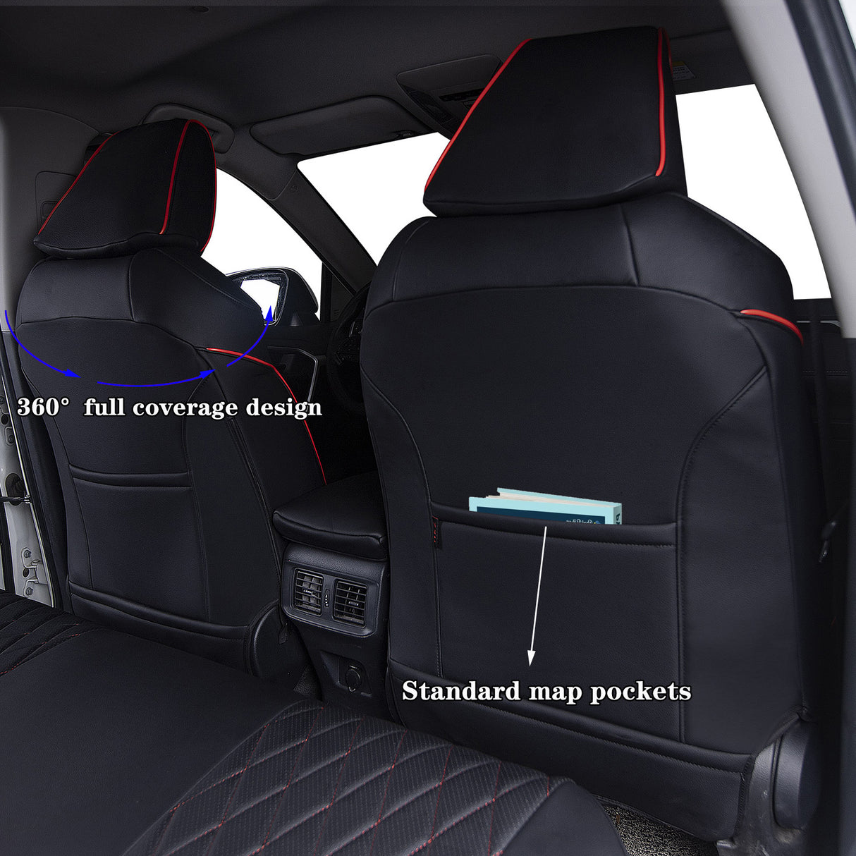Black leather seat covers for Toyota RAV4 with red stitching custom fit car interior