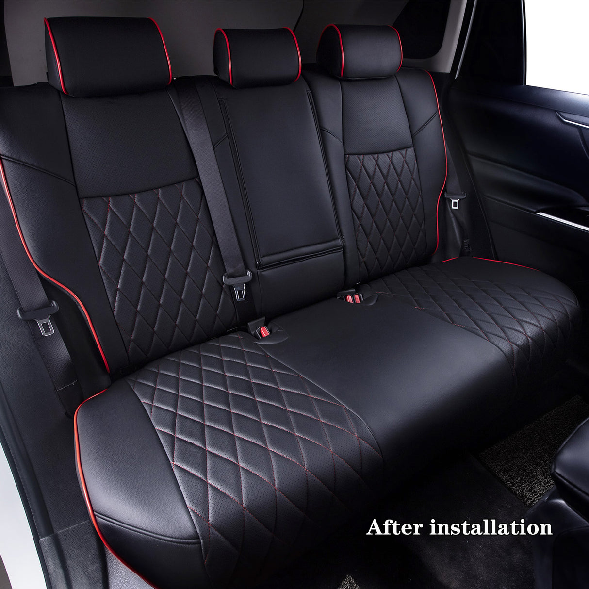 Black leather seat covers for Toyota RAV4 with red stitching custom fit car interior