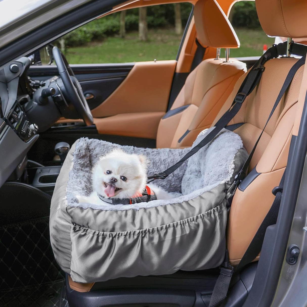 Dog Car Seat for Small Dogs, Washable Pet Booster Car Seats with Clip-On Safty Leash, Comfy Deluxe Plush Carseat with Storage Pockets, Puppy Travel Carrier Bed for Dogs Under 25 lbs