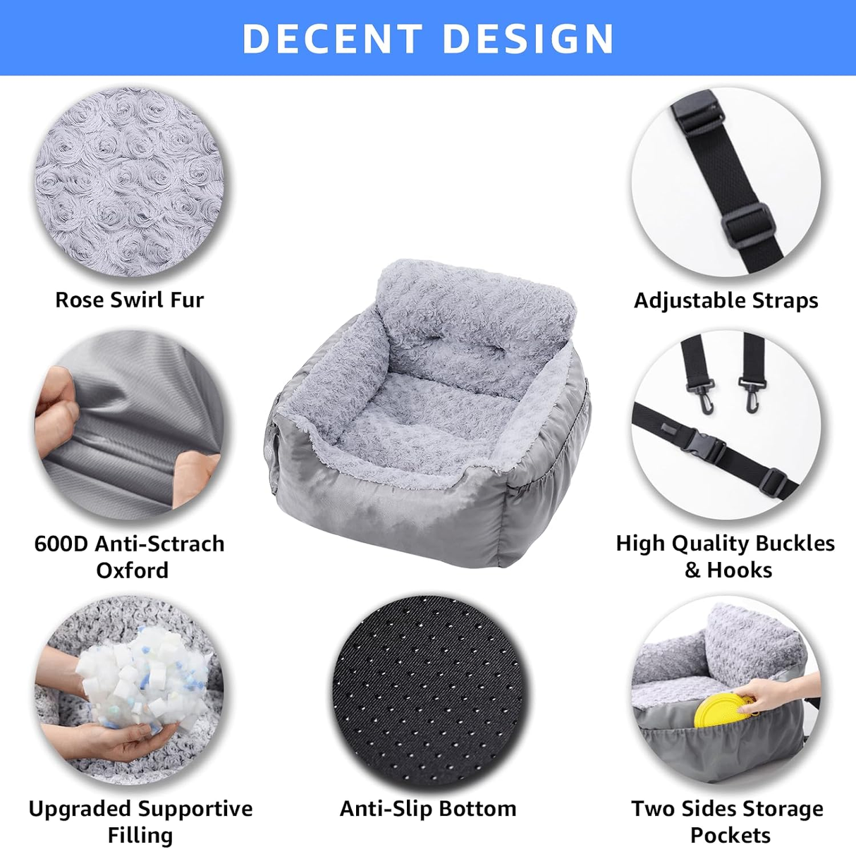 Dog Car Seat for Small Dogs, Washable Pet Booster Car Seats with Clip-On Safty Leash, Comfy Deluxe Plush Carseat with Storage Pockets, Puppy Travel Carrier Bed for Dogs Under 25 lbs